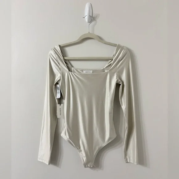 NWT BABATON Satinete Squareneck Matte Pearl Longsleeve Bodysuit Small Balletcore - Picture 2 of 7